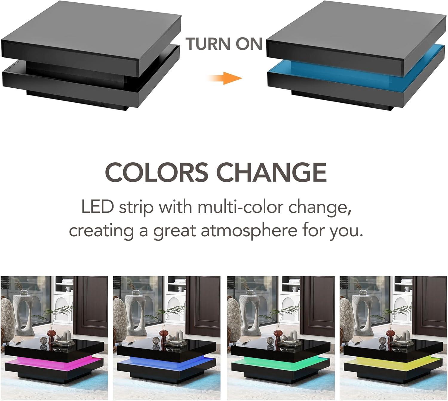 Modern Coffee Table, 2-Tier Square Coffee Table with Plug-in 16-Color LED Lights, High Gloss Coffee Table, Center Table for Living Room, 31.5”x31.5”x14.2”, Black