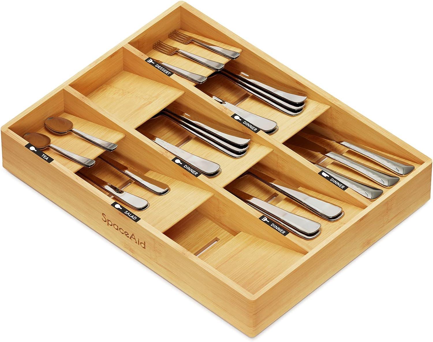 Bamboo Silverware Drawer Organizer with Labels (Natural, 9 Slots)-SpaceAid