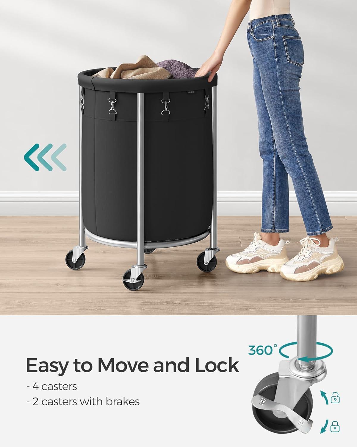 SONGMICS Laundry Basket with Wheels, Rolling Laundry Hamper, 18.5 Gal., Round Laundry Cart with Steel Frame and Removable Bag, 4 Casters and 2 Brakes, Black and Silver URLS006B01