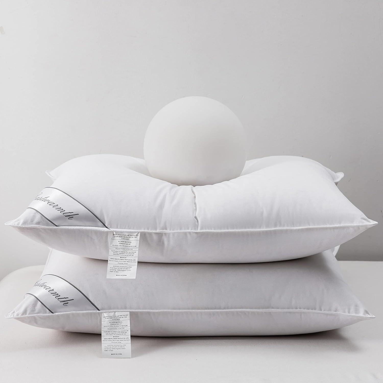 Standard White Goose Down and Feather Pillows with Cotton Cover, Set of 2