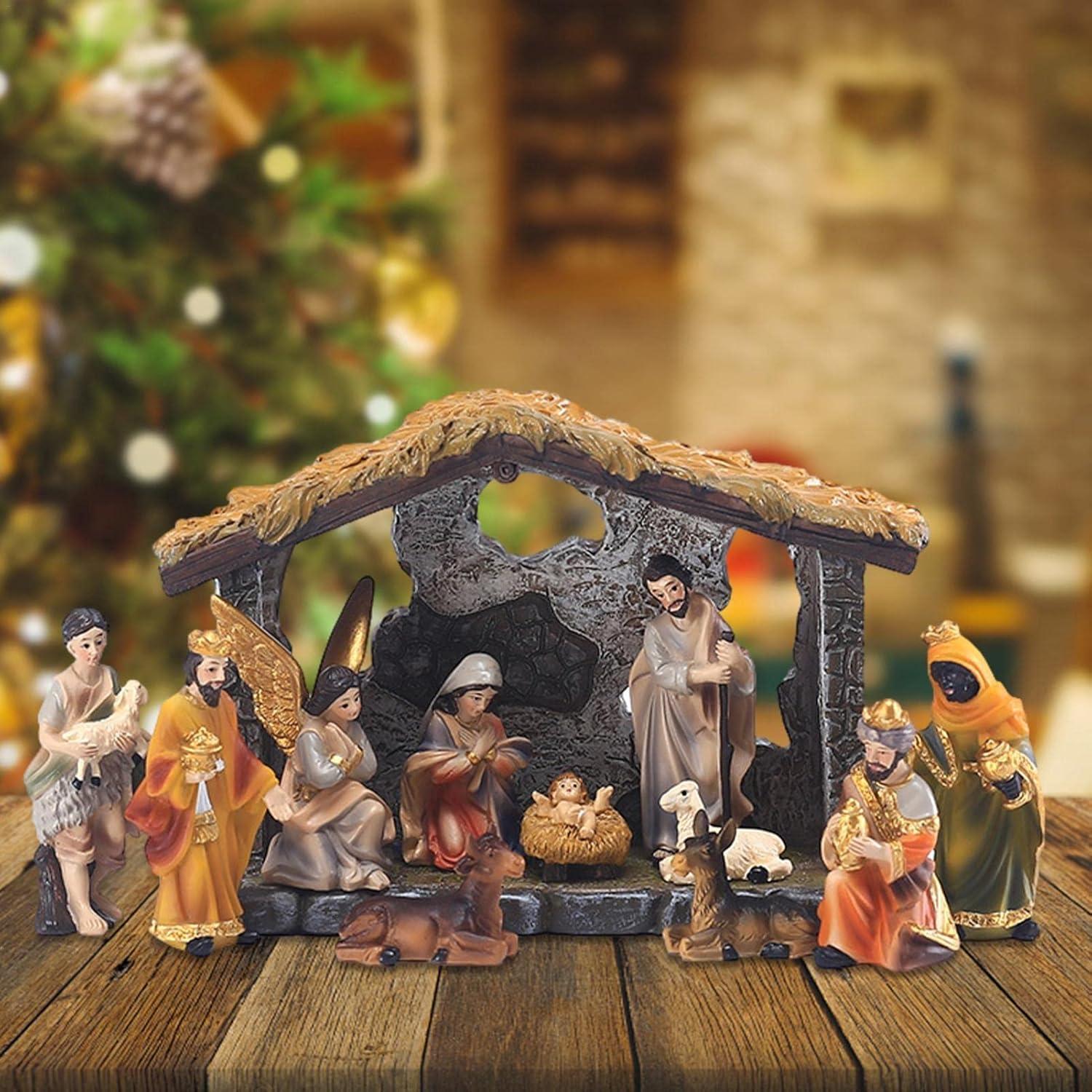 vebyrgF Christmas Nativity Scene Hand Painted Sculpted Collectable Table Ornament Nativity Sets For Christmas Indoor Manger Scene