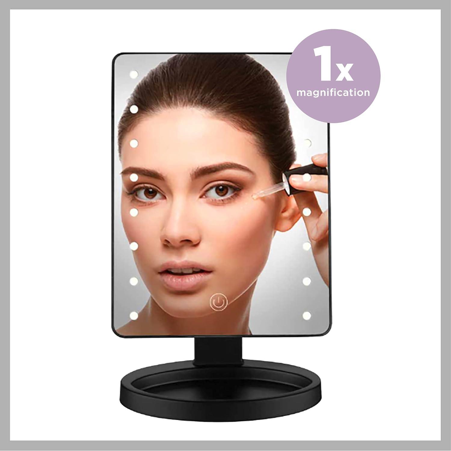 Conair Reflections Hollywood Tabletop Mount LED Lighted Vanity Makeup Mirror with Touch Screen, 1x magnification, Black finish BEP1W