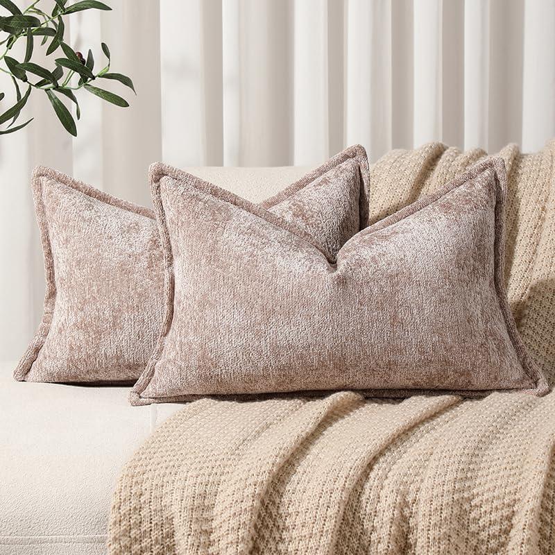 DEZENE Pack of 2 Khaki Decorative Throw Pillow Covers 12x20 Cozy Soft Chenille Accent Vintage Rectangular Lumbar Couch Pillow Covers for Home Decor Bed Sofa Living Room