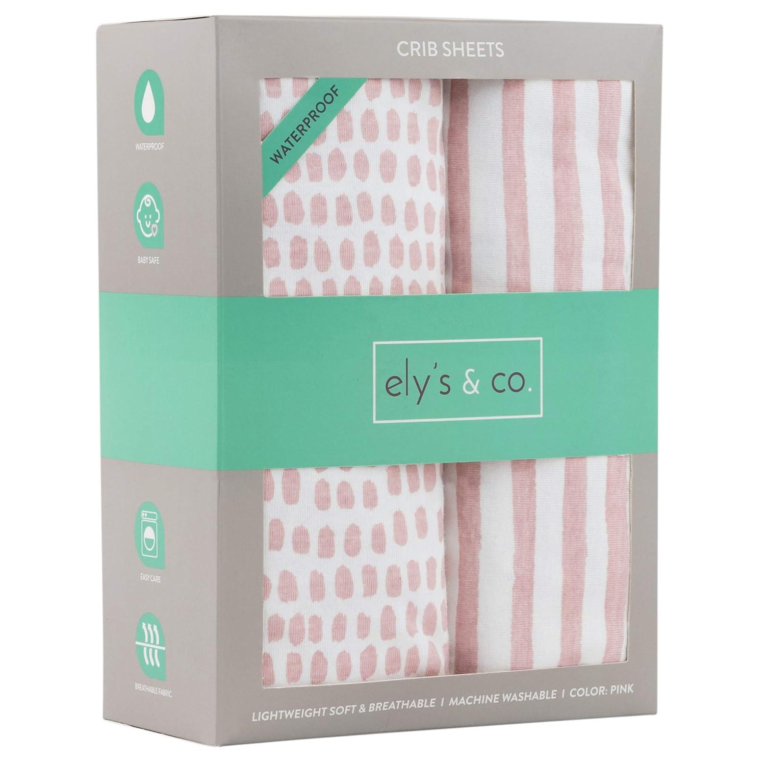 Ely's & Co. Baby Fitted Waterproof Crib Sheet  100% Combed Jersey Cotton  Mauve Pink Stripes & Splash 2 Pack