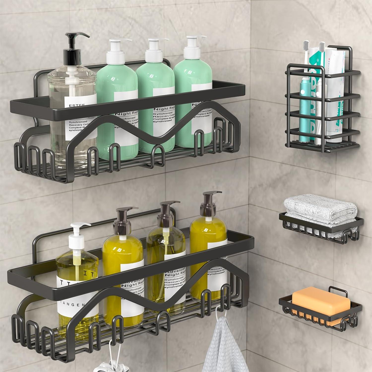 5 Pack Shower Caddy Rustproof Stainless Steel Bathroom Shower Organizer Wall-Mounted Shower Shelves for Convenient Storage