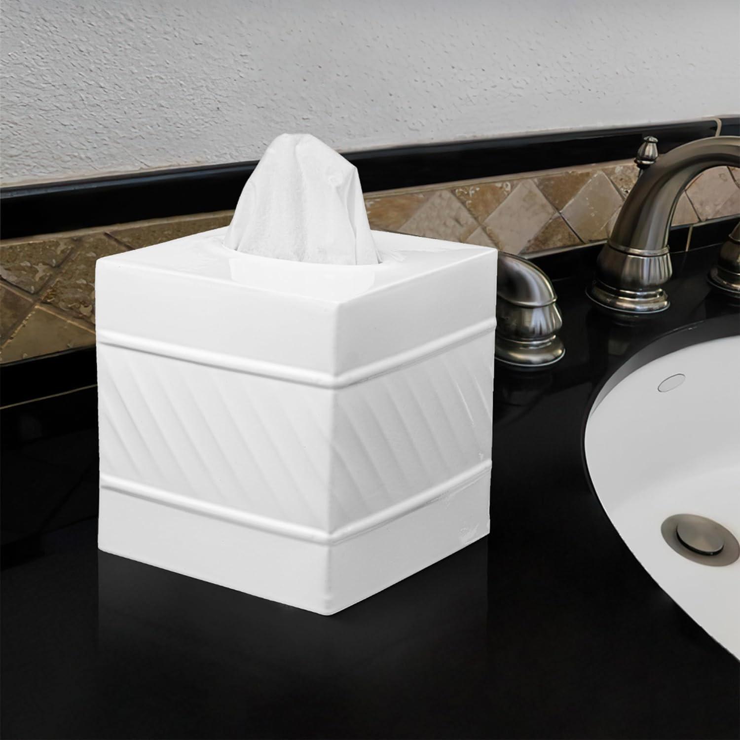 White Wave Embossed Metal Square Tissue Box Cover