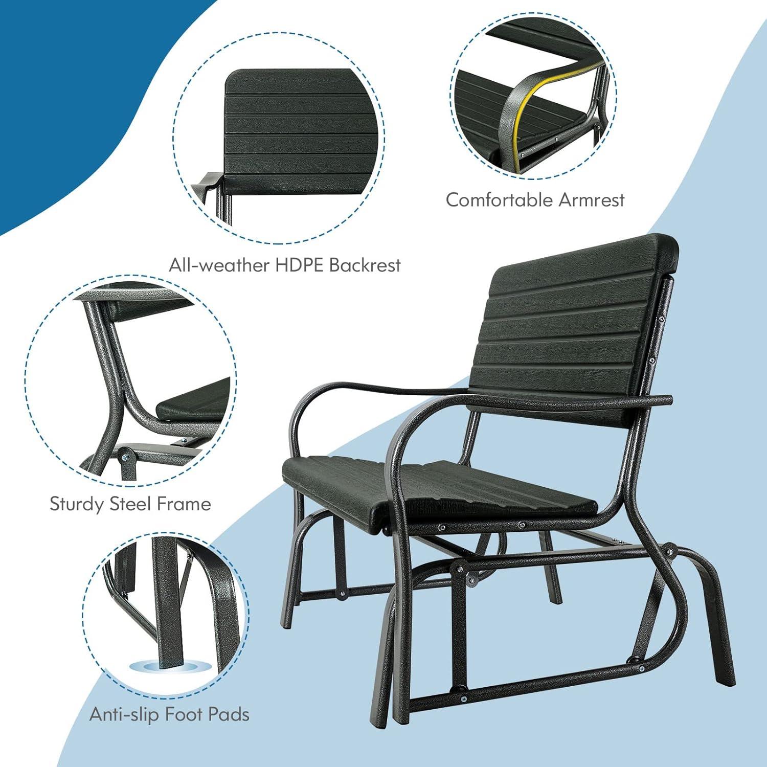 Black Steel Frame Outdoor Glider Bench with HDPE Seat