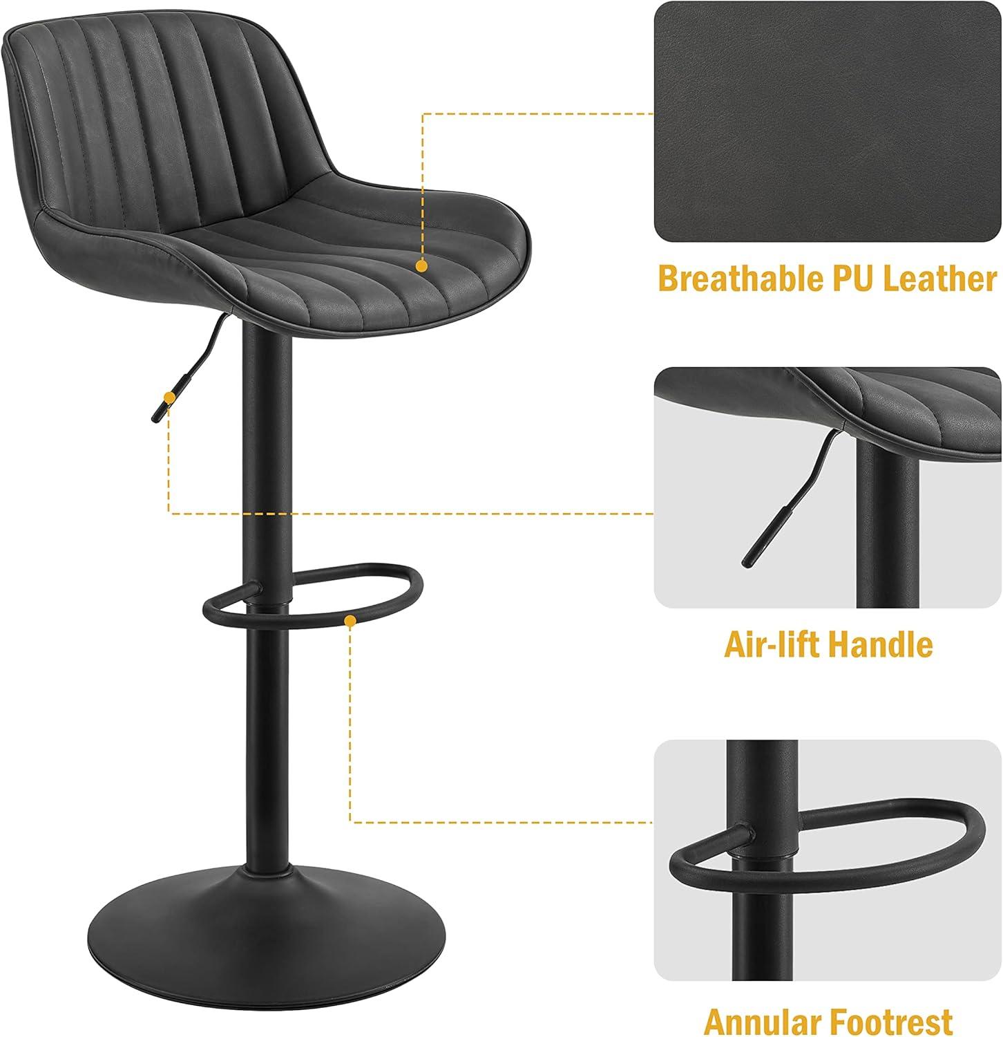 Art Leon Rustic Bar Stools Set of 2, Faux Leather with Backrest Chrome Legs, Upholstered Swivel Kitchen Stools, Black Brown