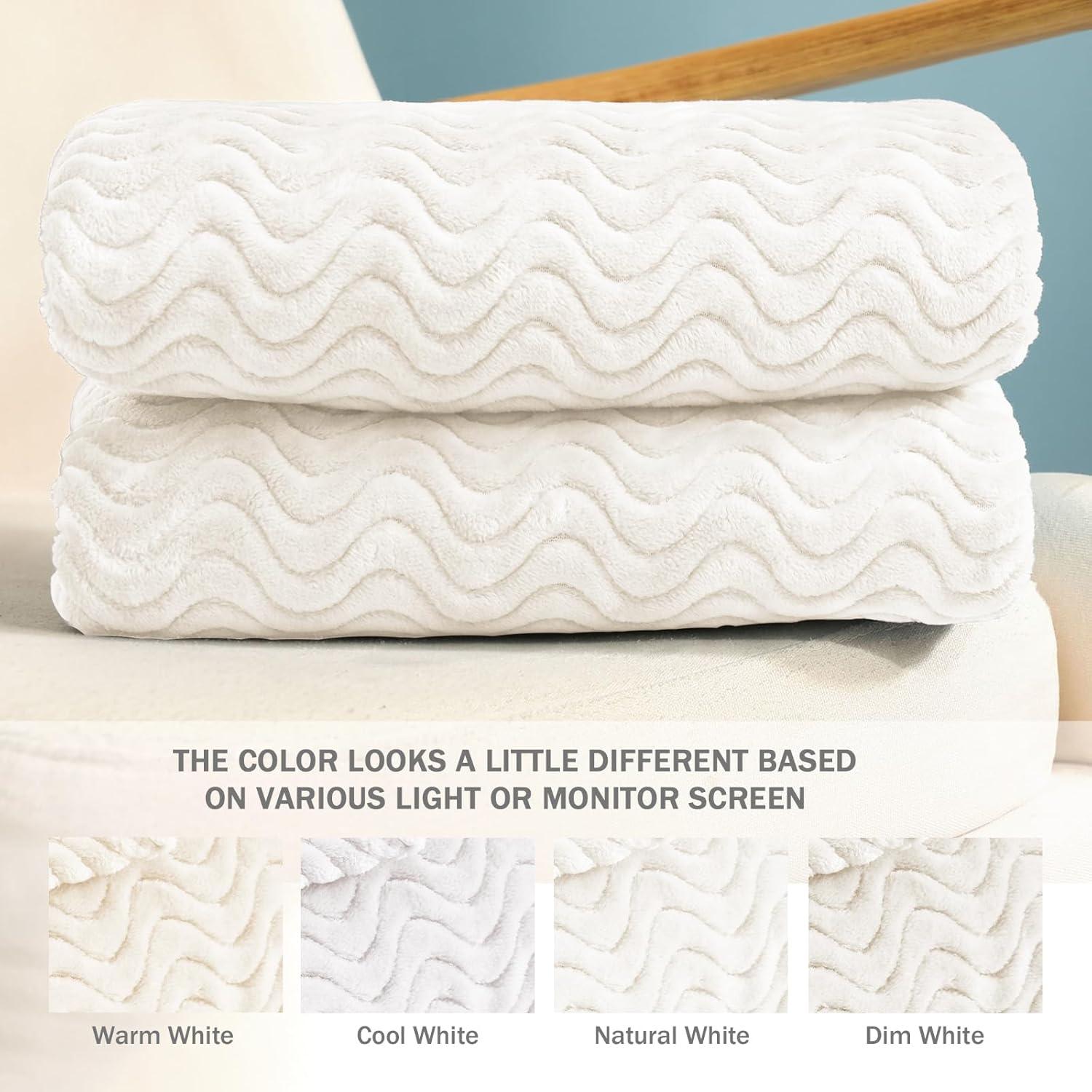 Exclusivo Mezcla Large Flannel Fleece Throw Blanket, Jacquard Weave Wave Pattern Blanket (50" x 70", Off White)