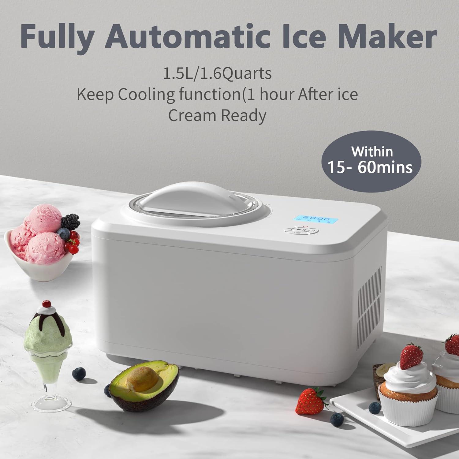COWSAR 1.5 Quart Ice Cream Maker Machine with Built-in Compressor, Fully Automatic and No Pre-freezing, Frozen Yogurt, Keep-cooling and Timer