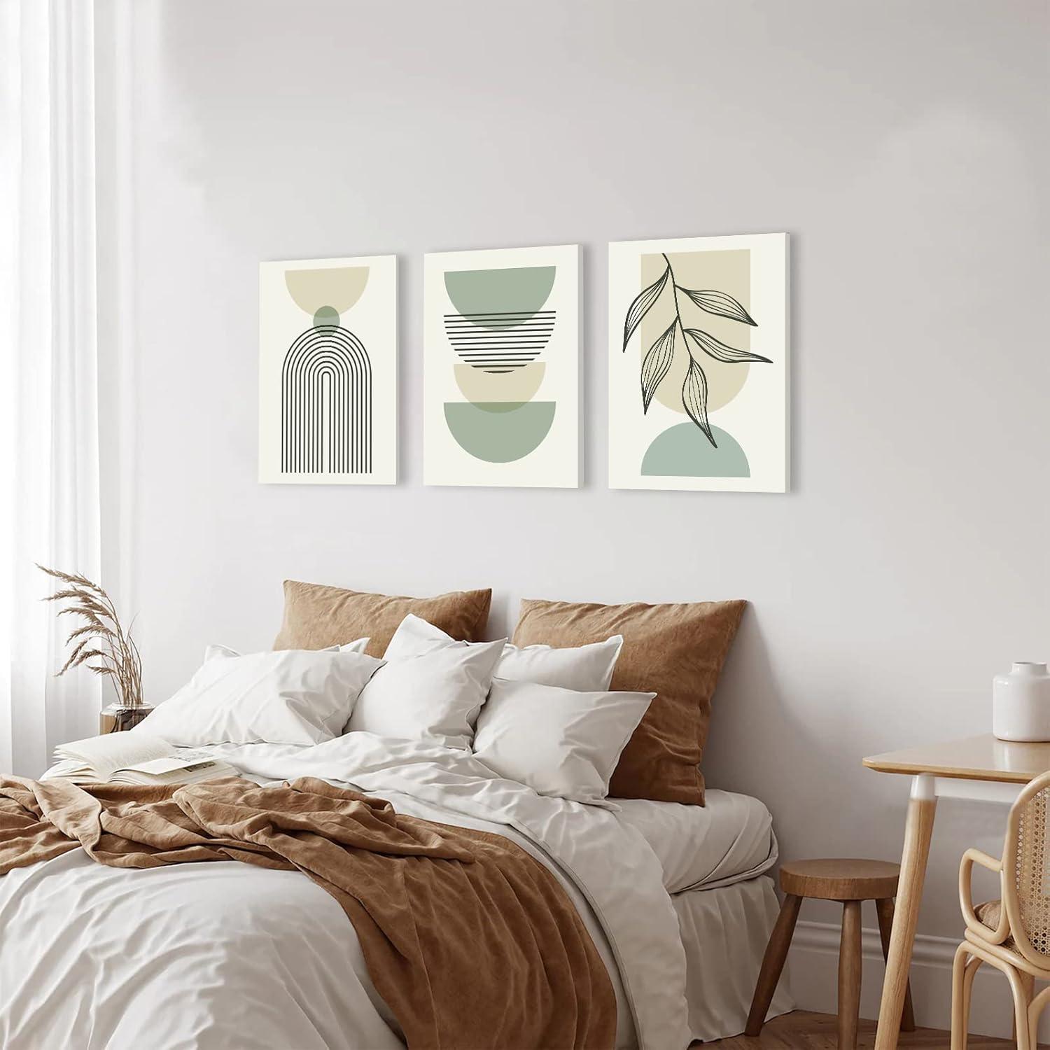 Sage Green Abstract Boho Canvas Wall Art Set