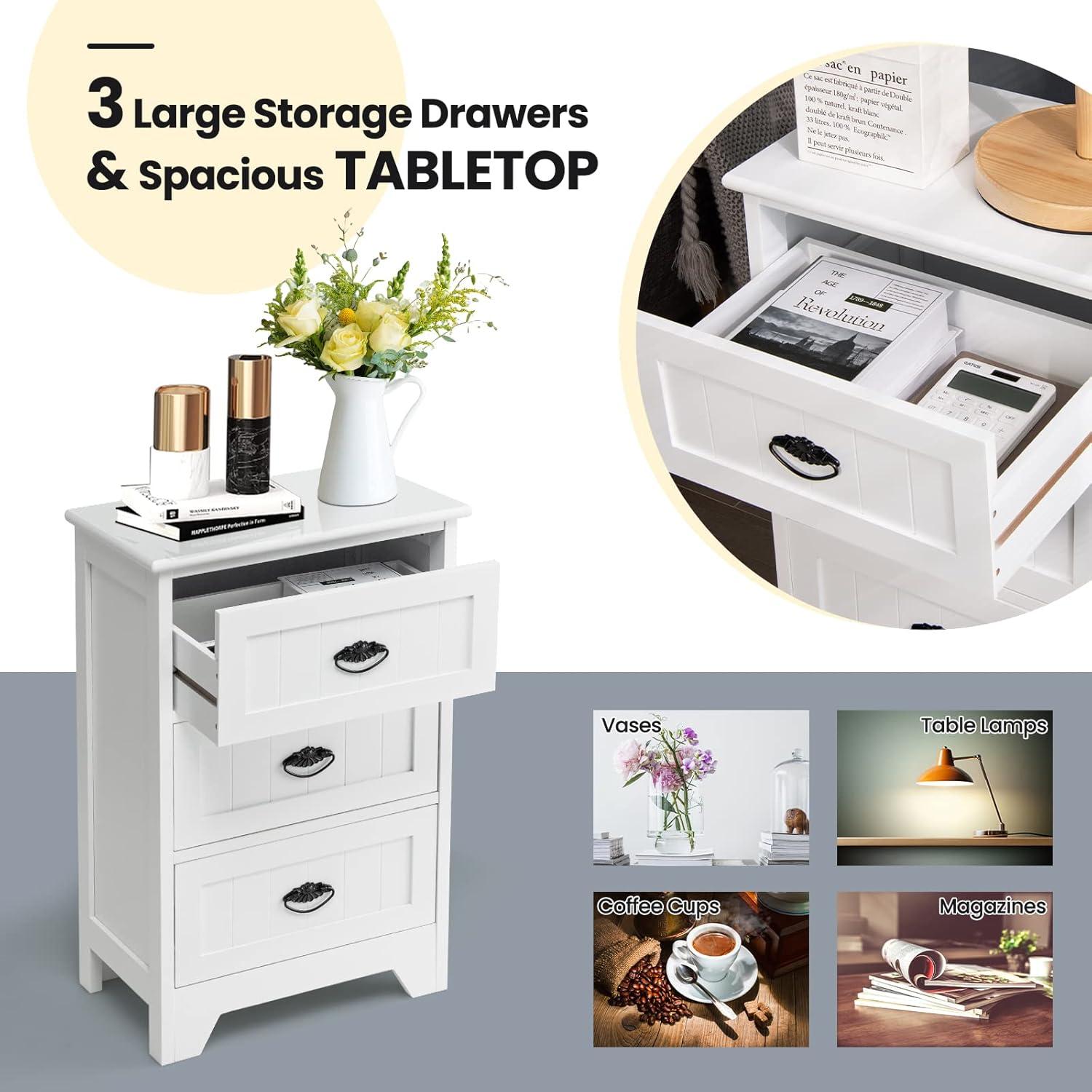 Gymax End Table Nightstand Bedroom Storage w/ 3 Drawers & Wood Slide White