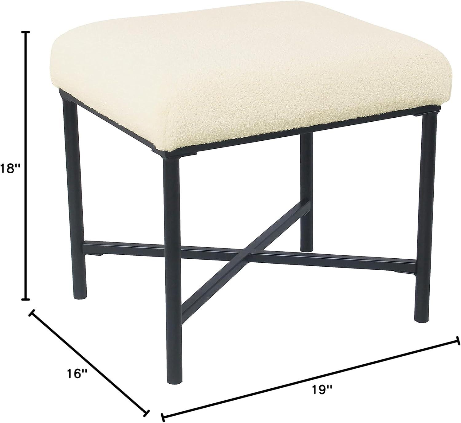 Square Metal Ottoman Cream Faux Sheepskin - HomePop: Matte Black Base, Living Room Seating