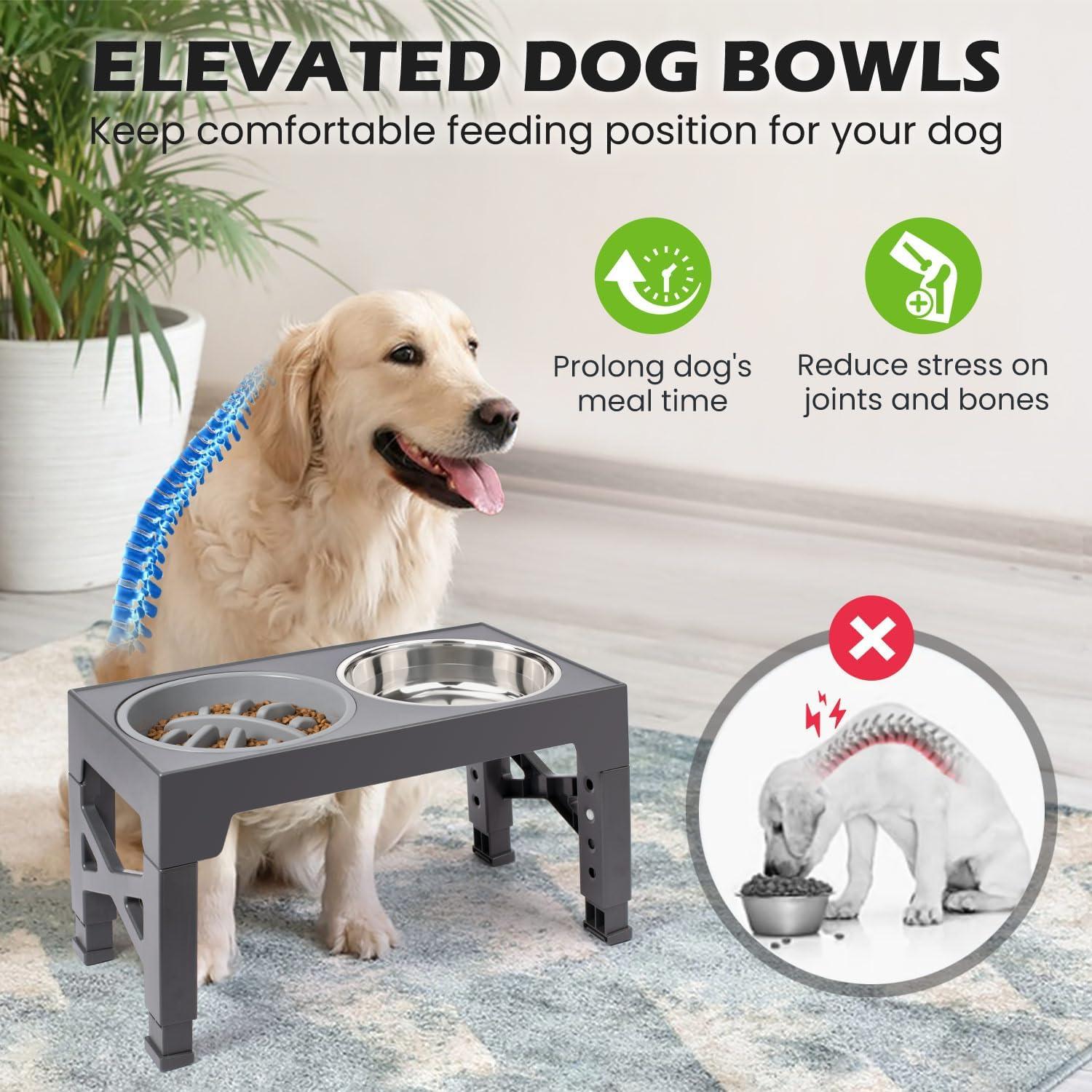 ZALALOVA Elevated Dog Bowls Stand with 2 Stainless Steel Dishes 1 Slow Feeder Dog Bowl, Raised Dog Bowl Adjusts to 5 Heights (3.15",8.9'',10",11.2'',12.4") for Medium and Large Dogs(Gray)