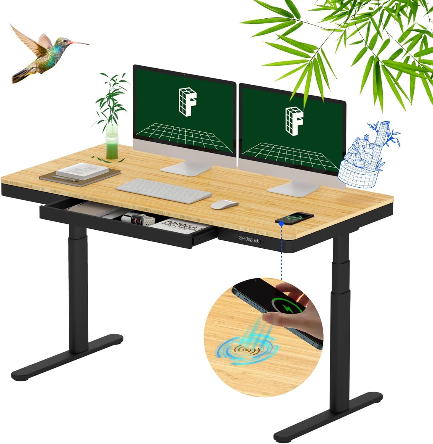 FLEXISPOT Q8 55" Bamboo Standing Desk, Dual Motor 3 Stages Adjustable Height Electric Computer Workstation w/Wireless Charging, Drawer, Quick Install, 220lbs Capacity (Bamboo Tabletop + White Frame)