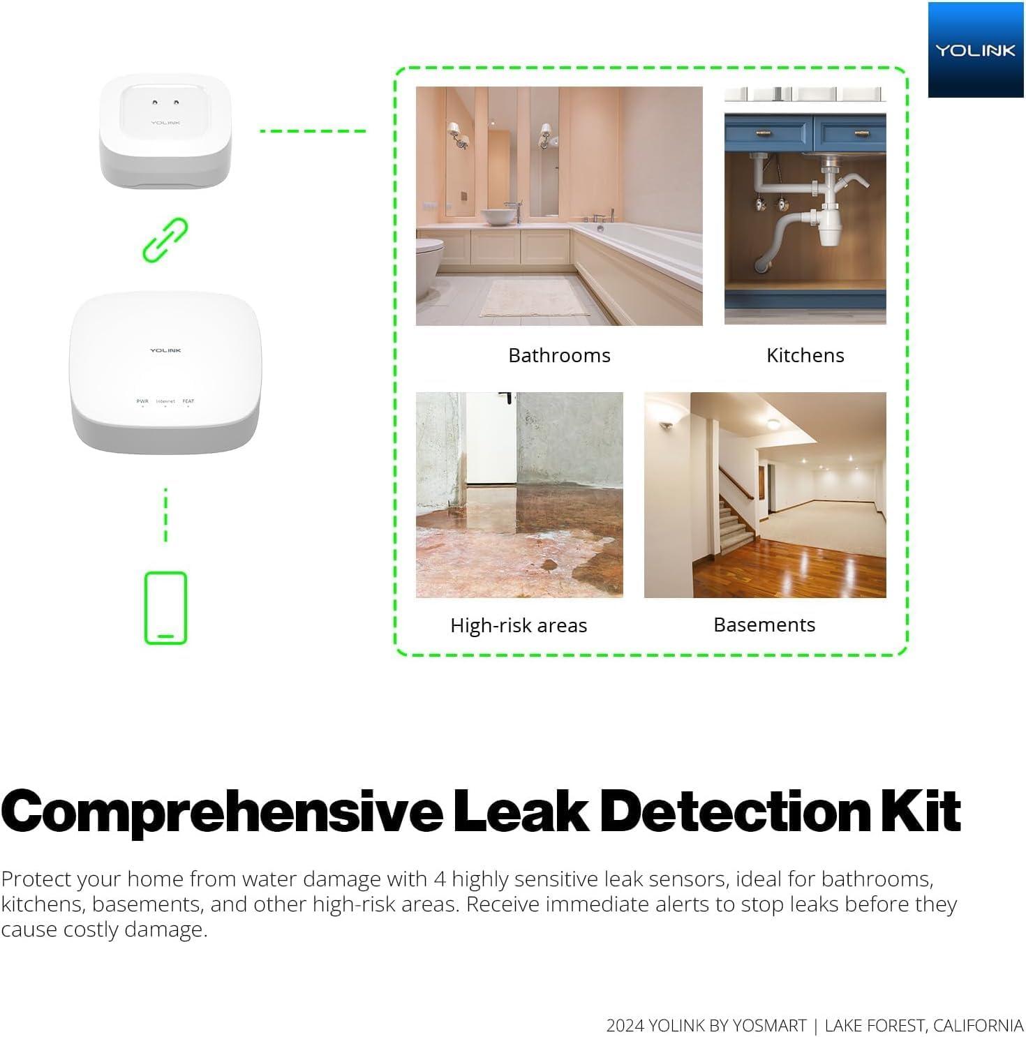 YoLink Smart Home Starter Kit: Hub & 2-Pack Water Leak Sensor 1, LoRa Up to 1/4 Mile Open-Air Range, SMS/Text, Email & Push Notifications, w/Alexa, IFTTT, Home Assistant