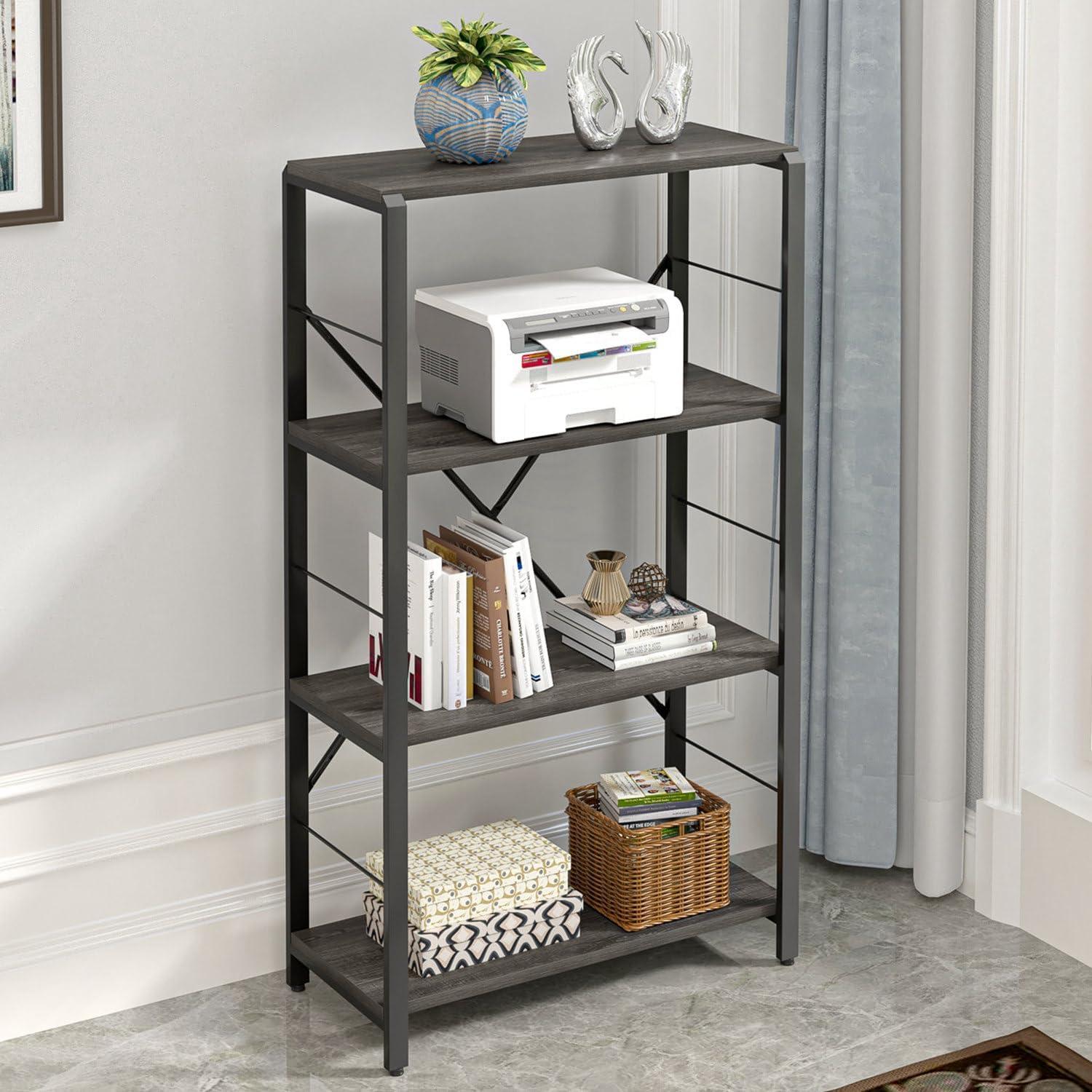 FOLUBAN Industrial Bookshelf and Bookcase, 4 Tier Open Display Storage Book Shelf and Book Case, Rustic Wood and Metal Shelving Unit for Bedroom Living Room Office, Dark Gray