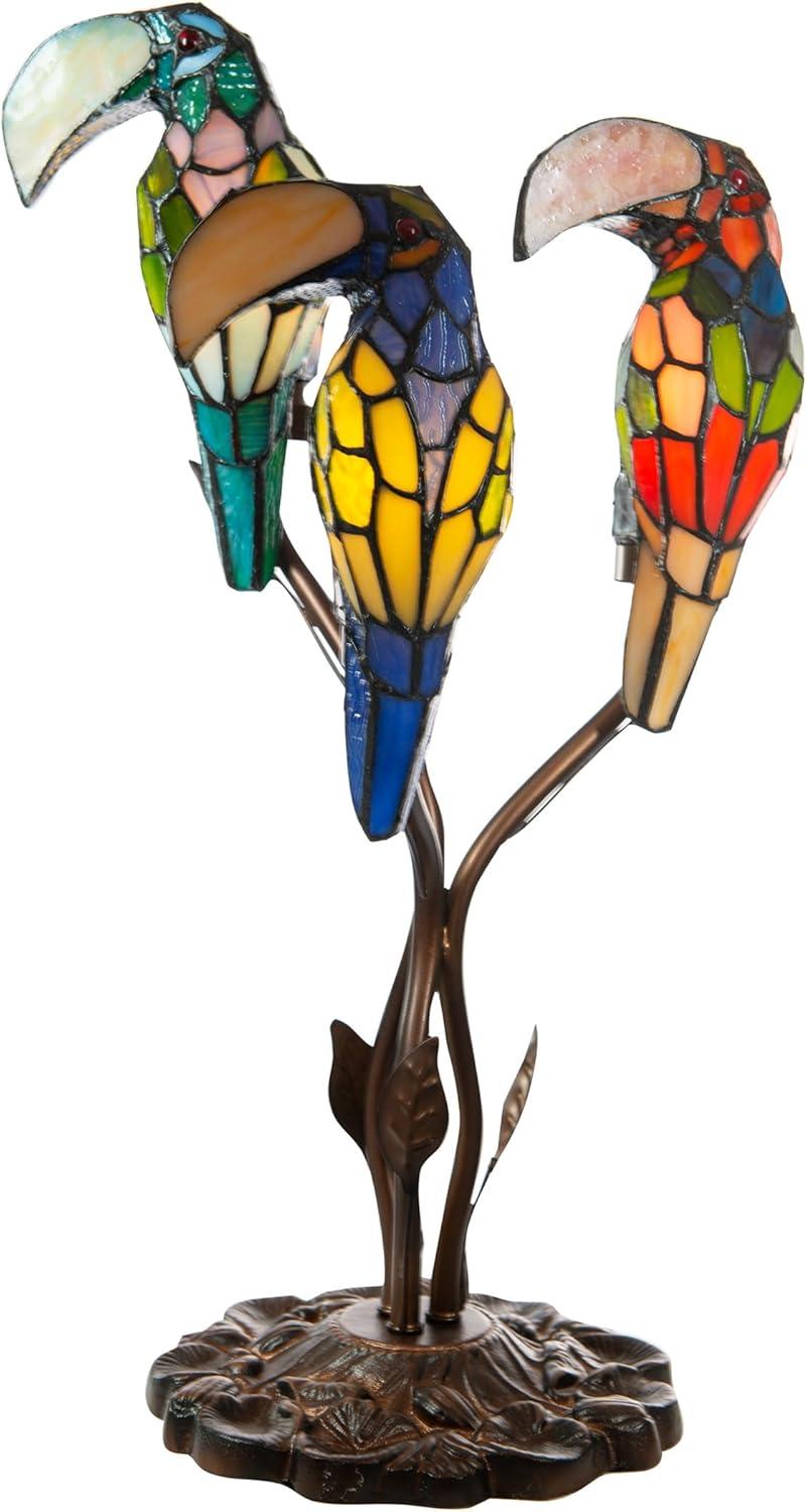 Multicolor Stained Glass and Bronze Parrot Table Lamp