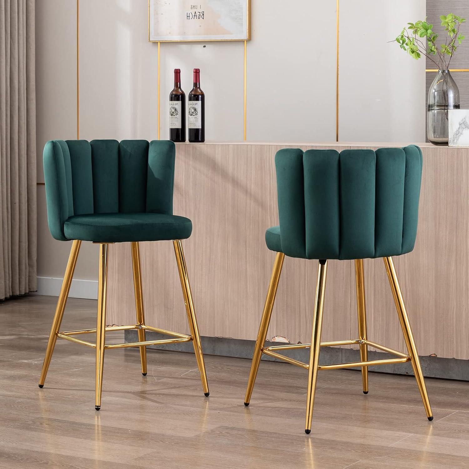 Green Velvet Upholstered Bar Stools with Gold Iron Frame, Set of 2