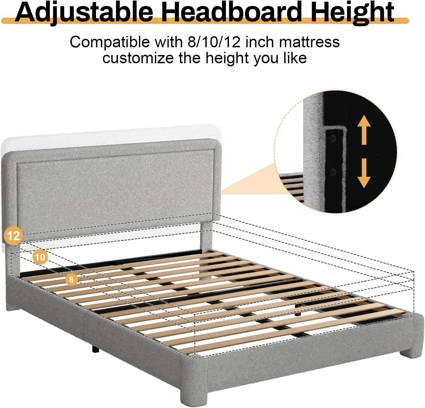 Queen Size Boucle Bed Frame, Upholstered Cloud Bed Frame with Adjustable Headboard, Soft Rounded Corners, No Box Spring Required, Easy Assembly, Black