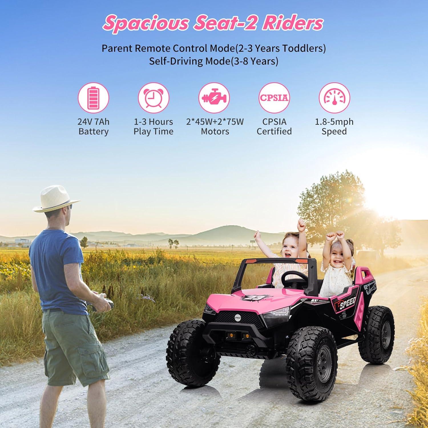 24V 2 Seaters Ride On UTV with Remote Control, Battery Powered Extra Large Ride Car Toy for 2 Kids, 2 Seats+One More Foldable Seat, 15.4" Eva Wheels Off-Road with Music, Light for 3-8 Years