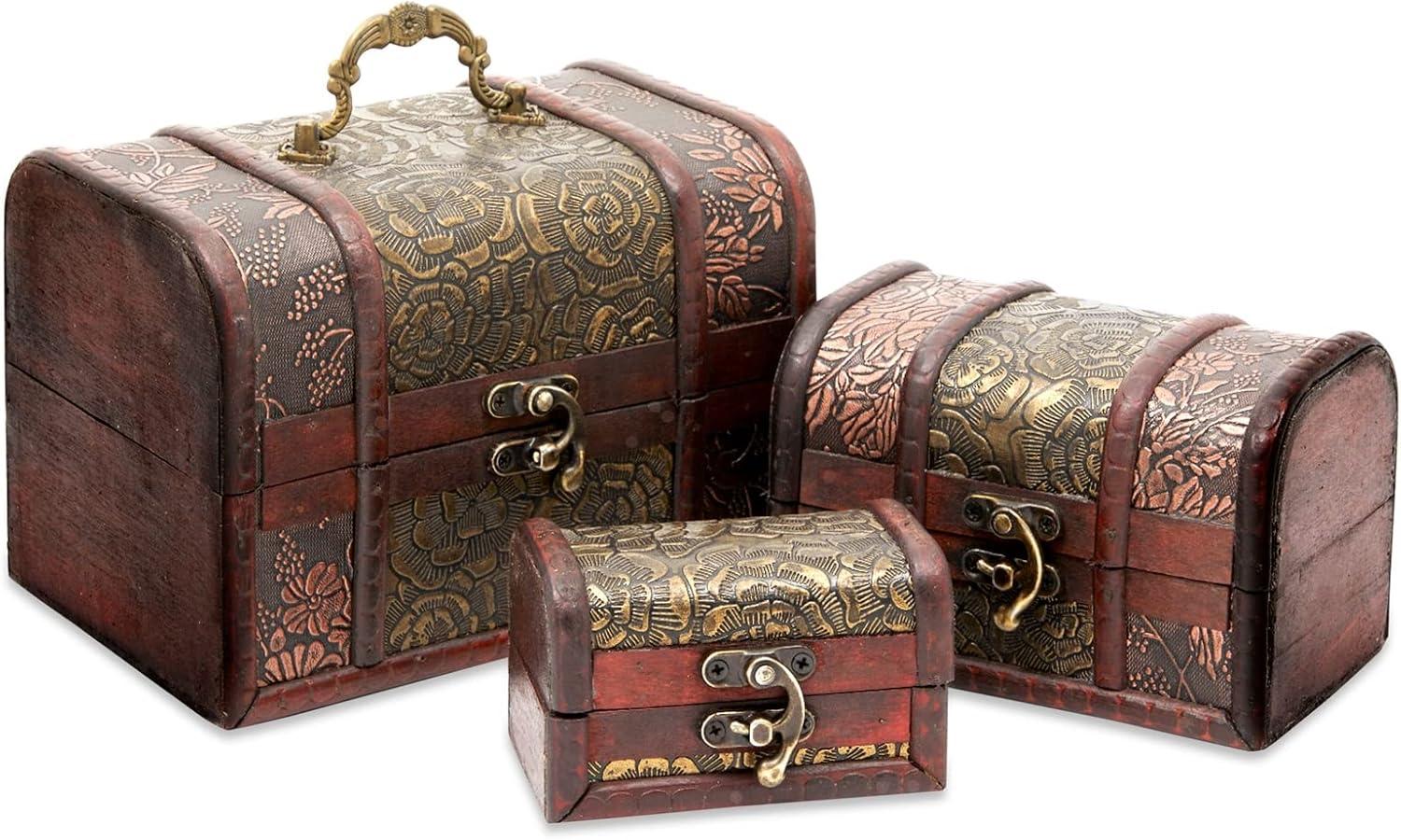 Juvale 3-Set Wood Treasure Chest Decorative Boxes - Small Treasure Box Set for Jewelry, Coin Collection, Home Décor (3 Sizes)