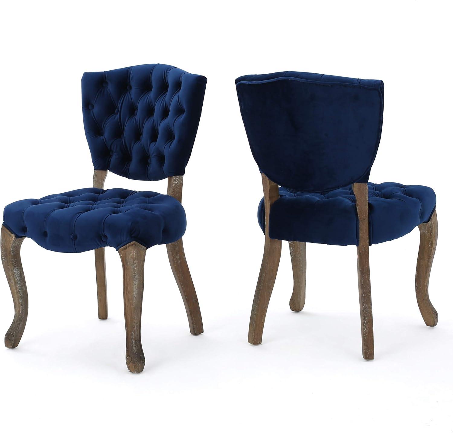 Navy Blue Velvet Upholstered Dining Side Chairs with Natural Rubberwood Legs