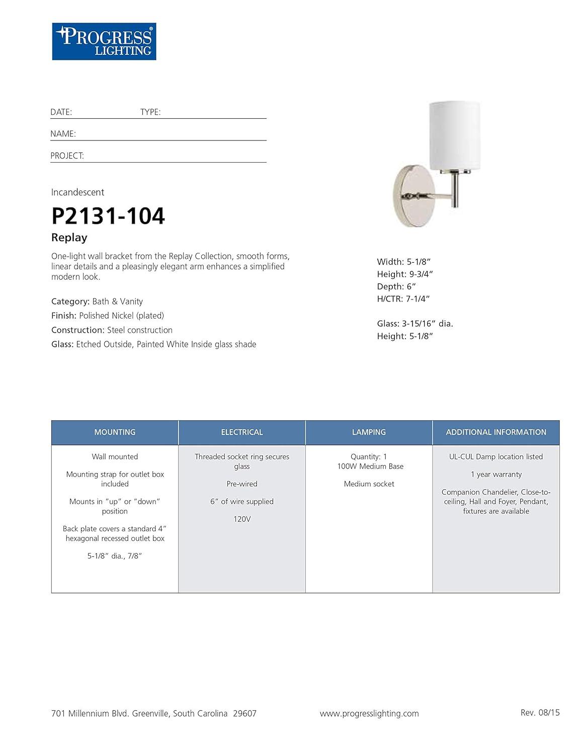 Progress Lighting Replay 1-Light Bath & Vanity Wall Light, Polished Nickel, Porcelain Shade