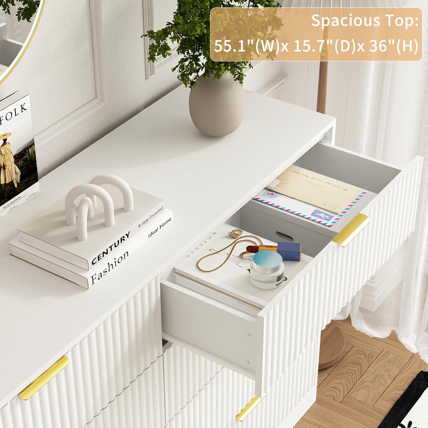 Fluted Dresser For Bedroom With 8 Drawers, 55" Wide Modern Chest Of Drawers With Metal Handle