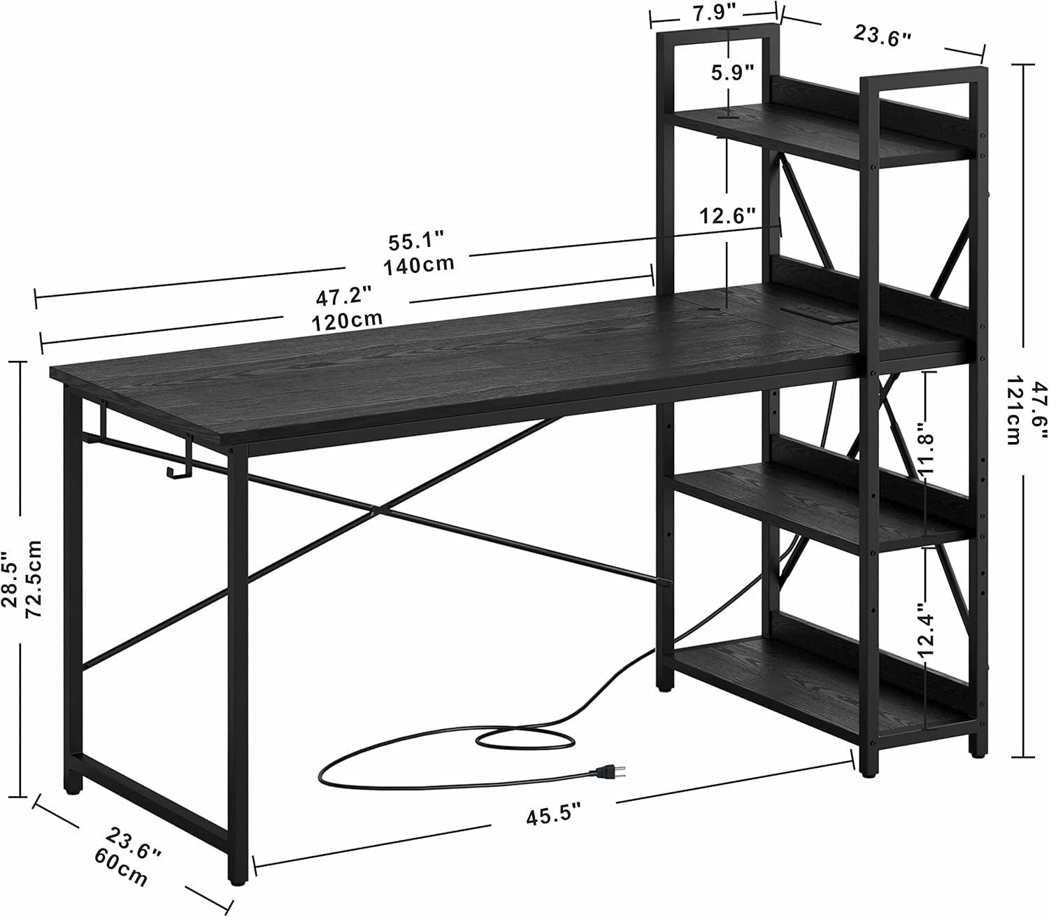 IRONCK Home Office Computer Desk 55" with Power Outlet & Storage Shelves, Study Writing Table Black