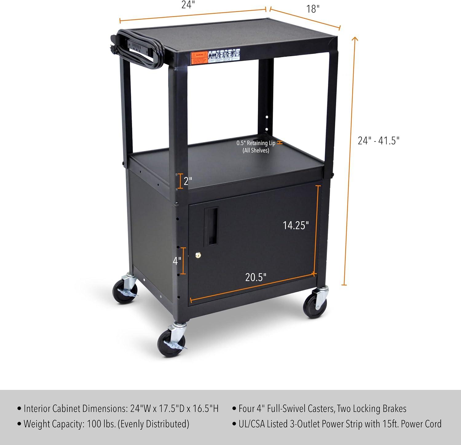 Black Adjustable Metal Utility Cart with Locking Cabinet and Swivel Wheels