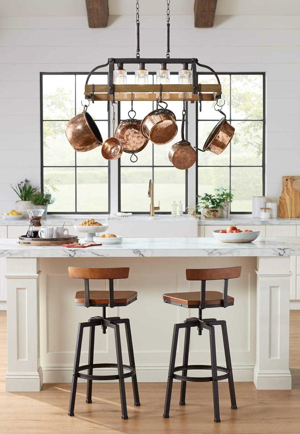 Eldridge Bronze and Wood Pot Rack Chandelier with Seeded Glass