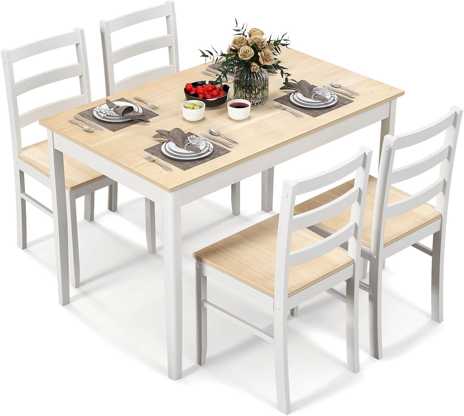 Natural Solid Rubber Wood 5-Piece Dining Set with Rectangular Table and 4 Chairs