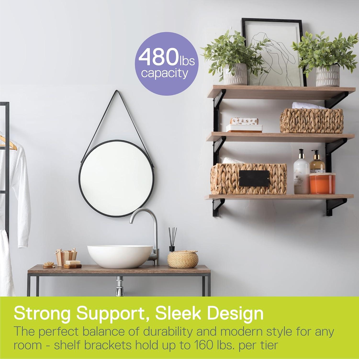 Minimalistic Black Shelf Brackets by Delta Cycle, Set of 6 Fully Adjustable 12-inch Heavy Duty Shelf Brackets, Holds Up to 480 lbs, Modern Shelf Bracket for Wood Shelves