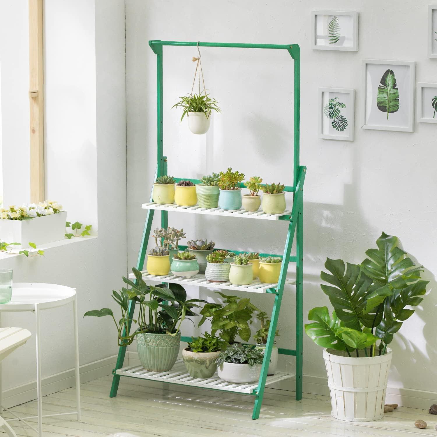 MoNiBloom Bamboo 3 Tier Plant Stand Triangular Flower Pot Holder With Hanging Basket