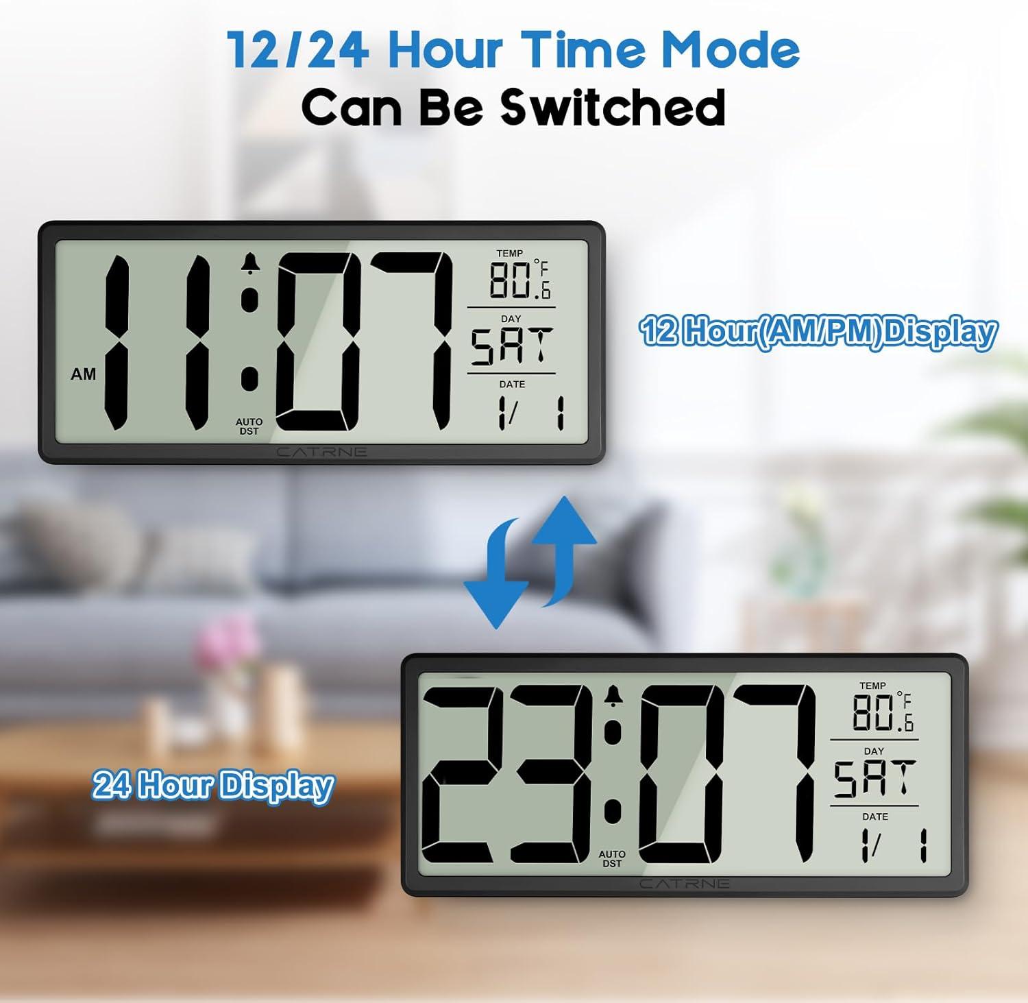 WallarGe 14.5'' Large Digital Wall Clock Battery Operated with Jumbo Numbers, Temperature and Date - Easy to Read and Set, Auto DST