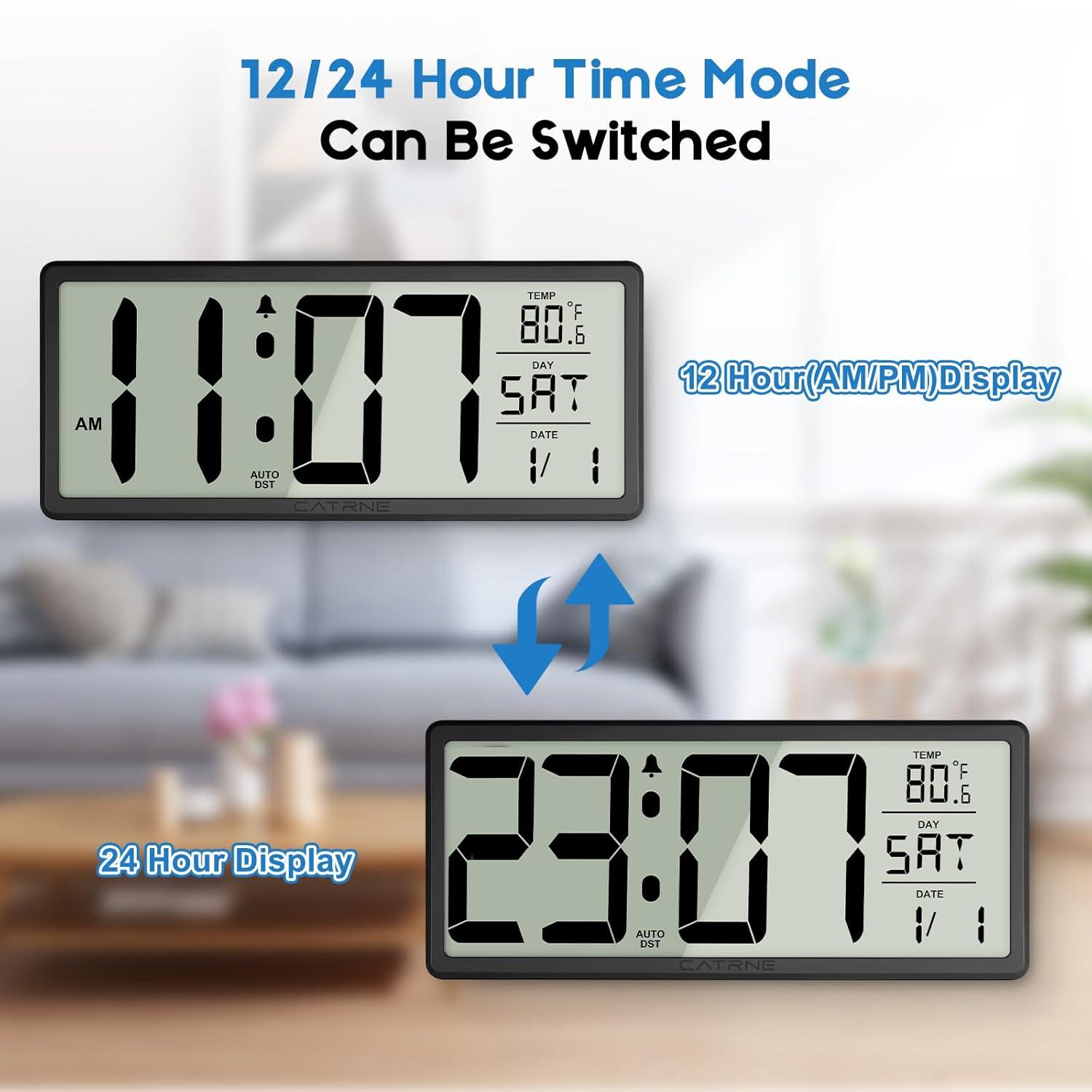 WallarGe 14.5'' Large Digital Wall Clock Battery Operated with Jumbo Numbers, Temperature and Date - Easy to Read and Set, Auto DST