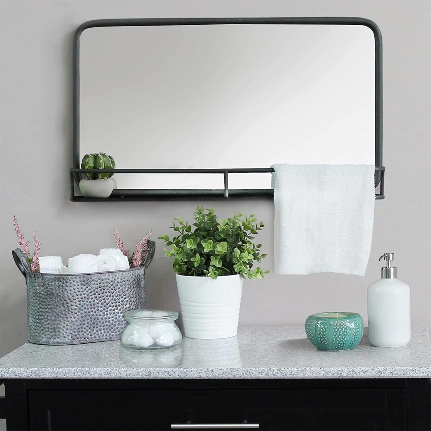 24" Chic Rectangular Gunmetal Framed Mirror with Shelf