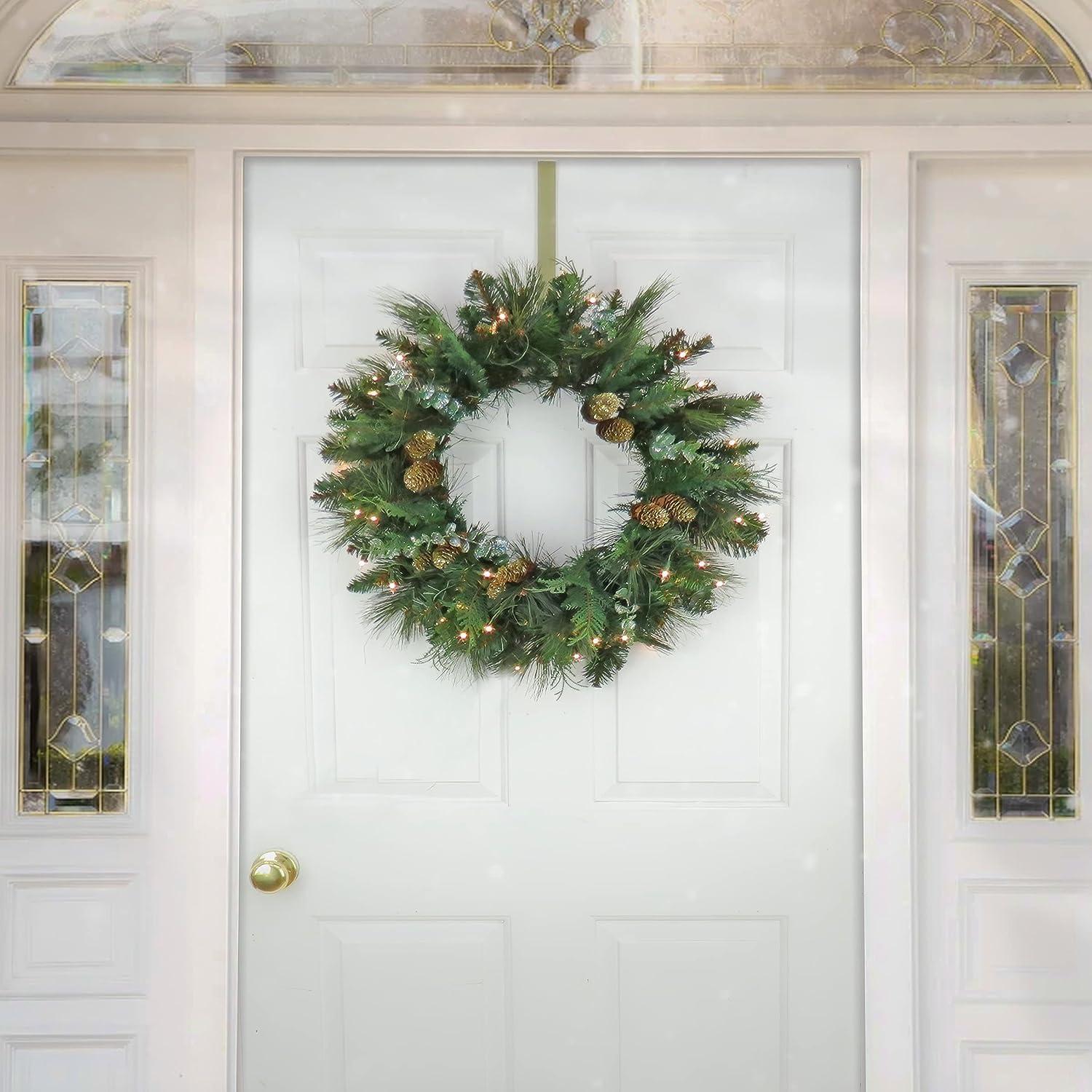 24" Prelit LED Flocked North Conway Artificial Christmas Wreath with Pinecones Warm White Lights - National Tree Company