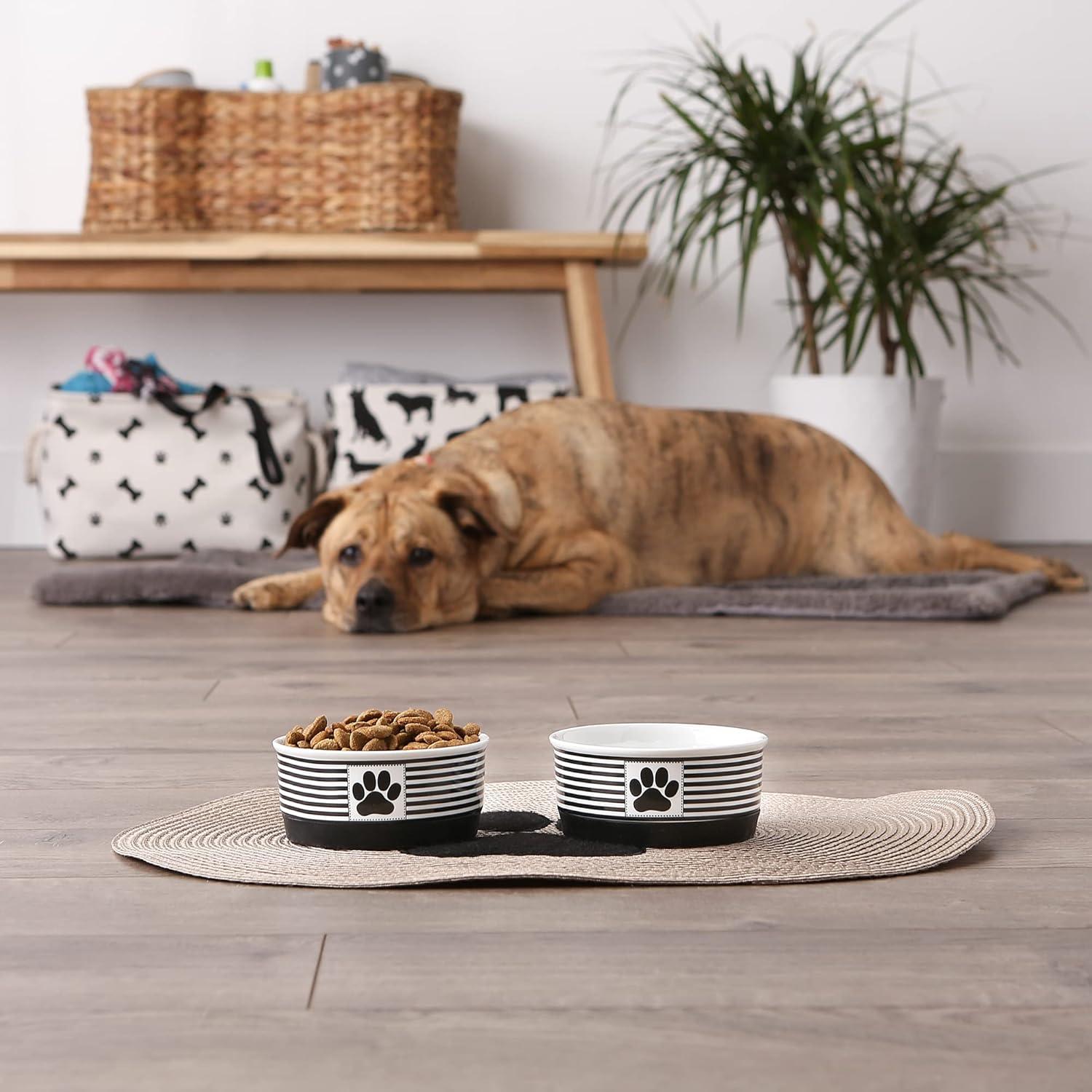 Bone Dry Chevron Ceramic Pet Bowls, Dishwasher Safe, Black, Small Bowl Set, 4.25x2", 2 Count