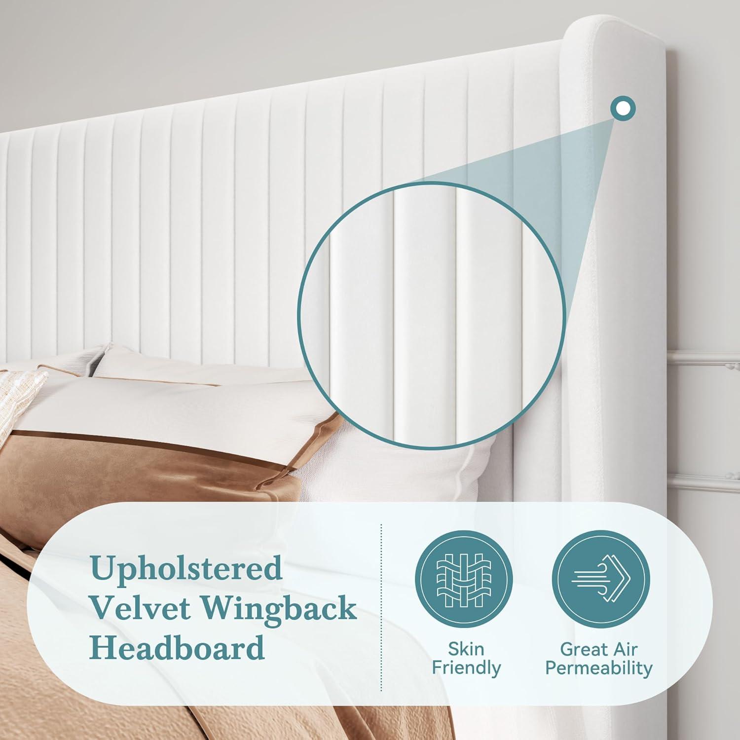 SHA CERLIN Queen Size Velvet Bed Frame with Vertical Channel Tufted Wingback Headboard, Upholstered Platform Bed with Wood Slats, No Box Spring Needed, Easy Assembly, White