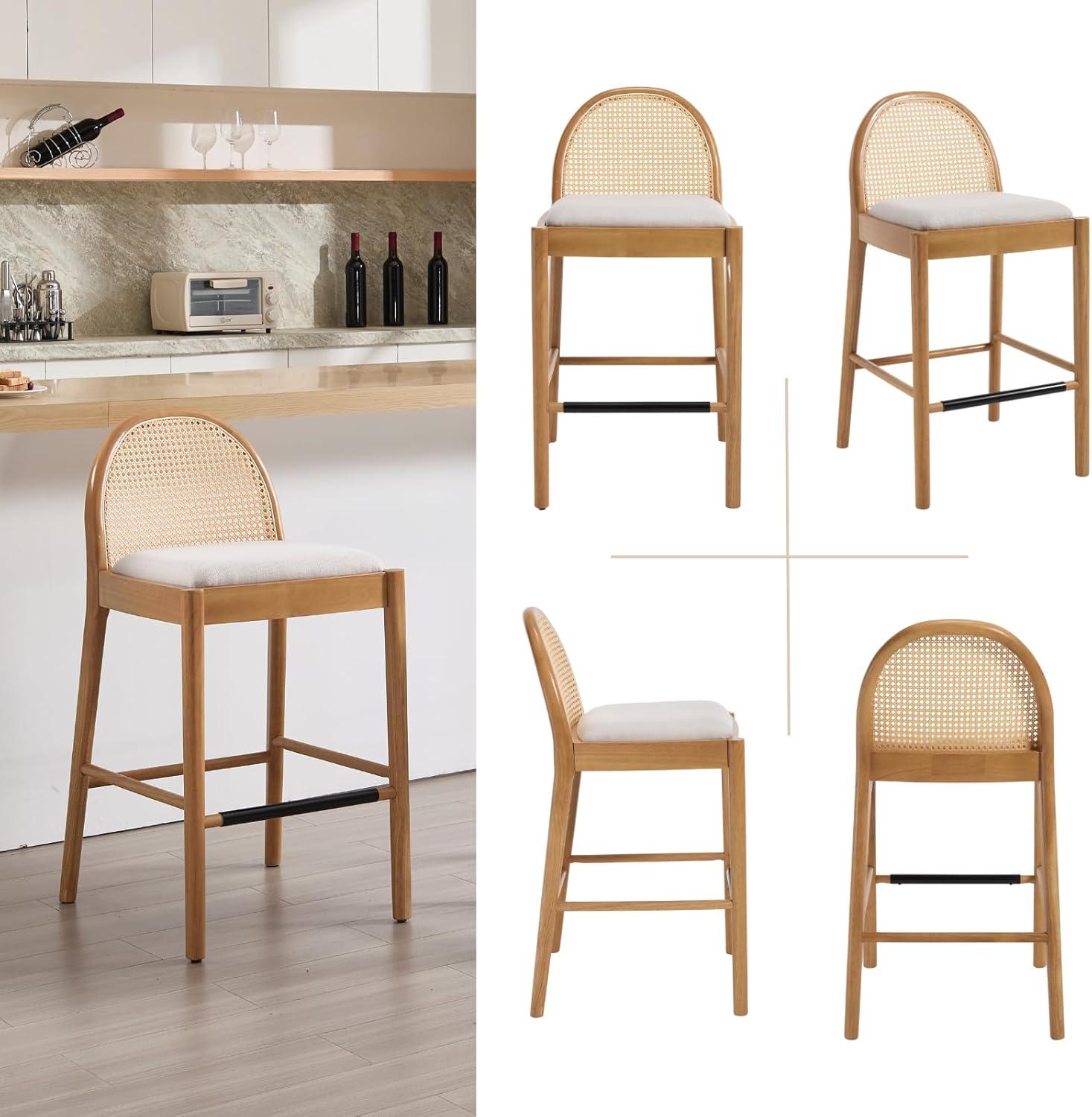 Bayou Breeze Emington Modern Stools with Rattan Backrests and Wood Frame (Set of 2)