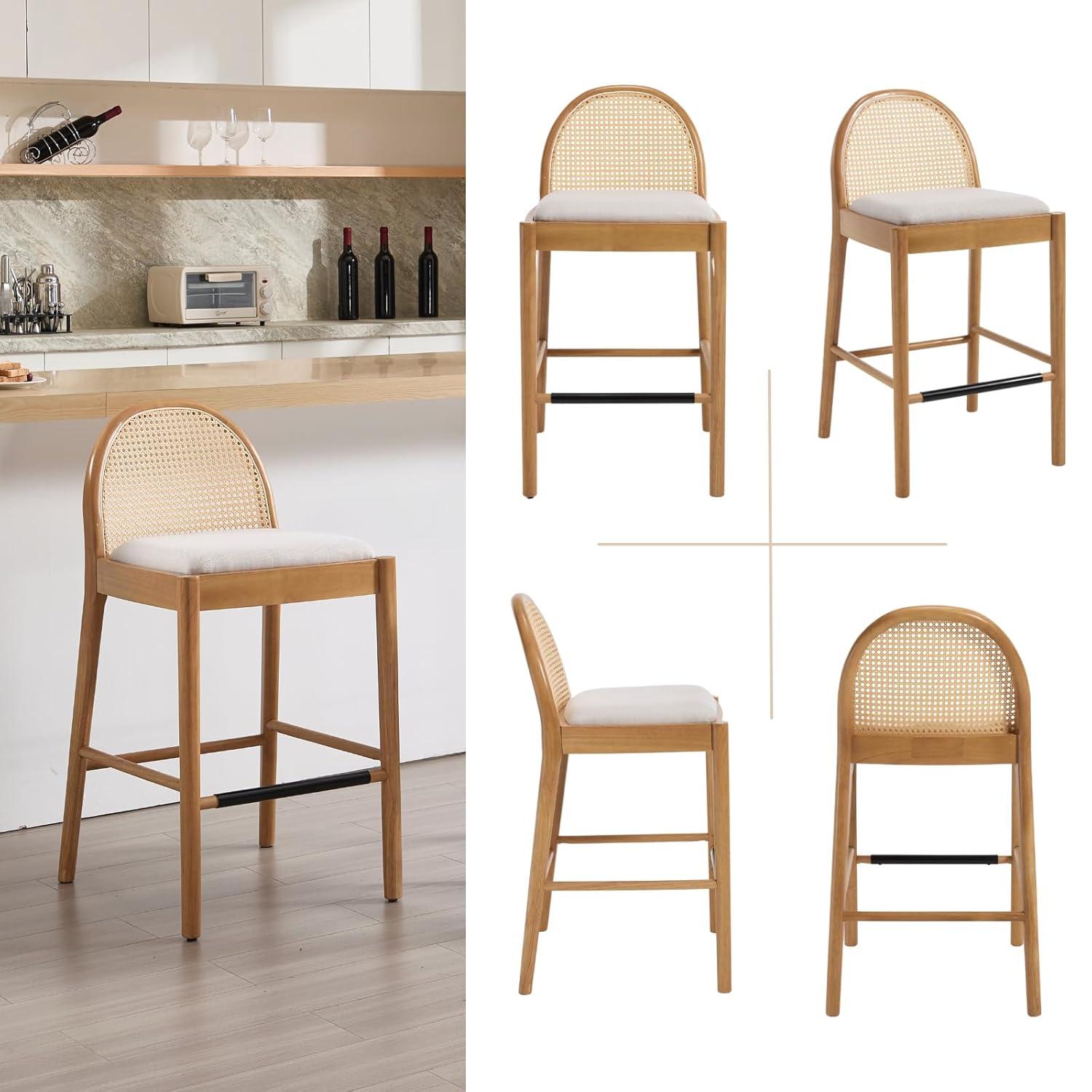 Bayou Breeze Emington Modern Stools with Rattan Backrests and Wood Frame (Set of 2)