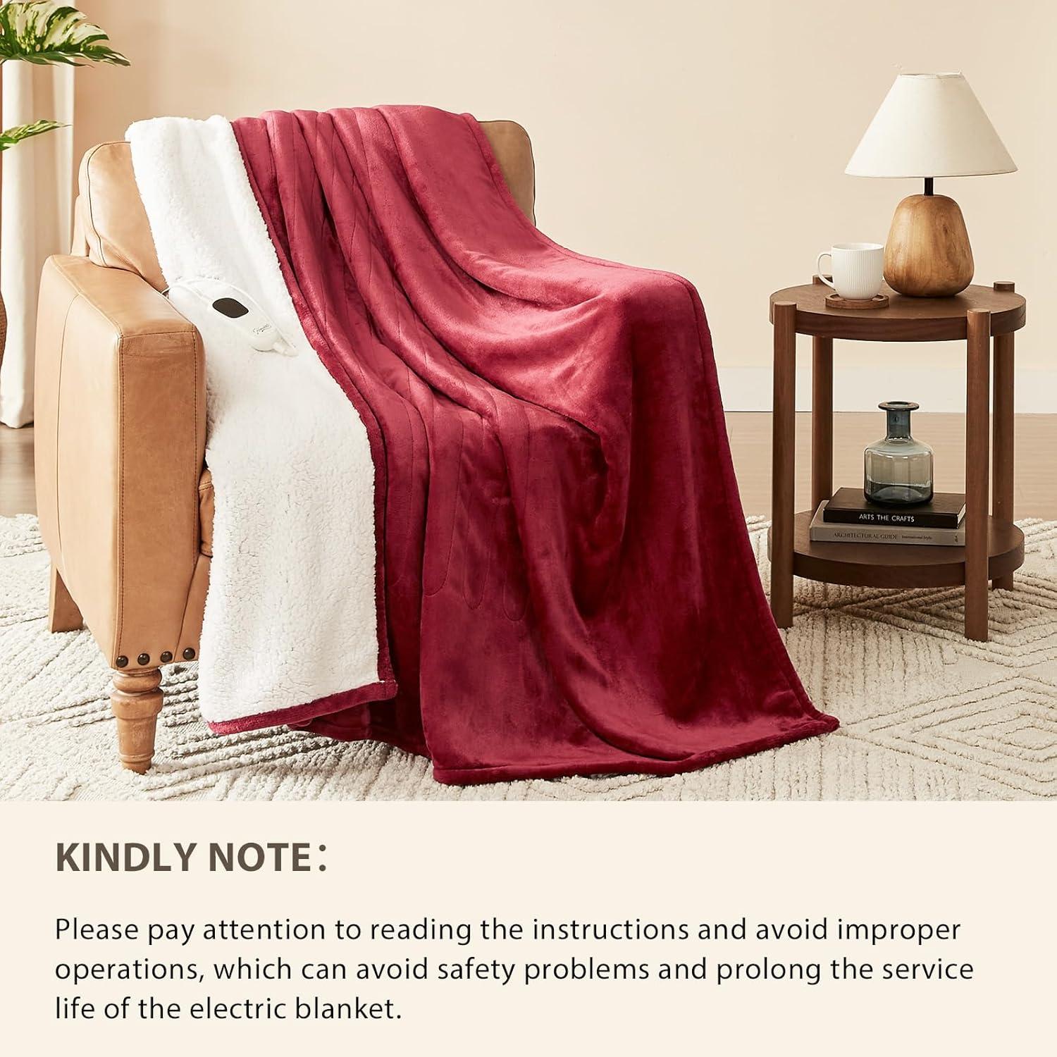 Homemate Heated Blanket Electric Throw - 50"x60" Heating Blanket Throw 1/2/4/6/8 Hours Auto-off 10 Heat Level Heat Blanket Over-heat Protection Flannel Sherpa Heater Blanket Electric ETL Certification