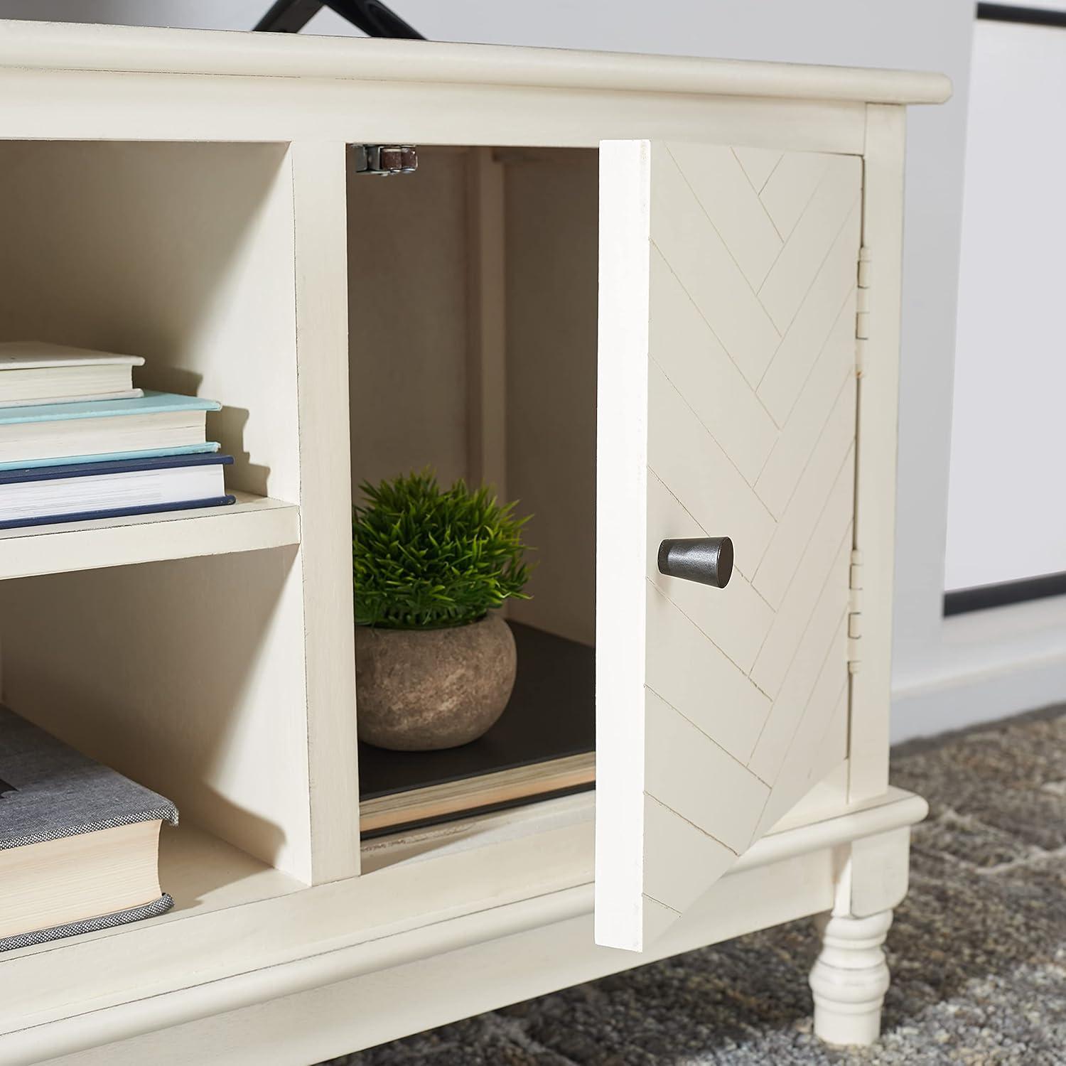 Distressed White Herringbone 2-Door Media Stand with Shelves