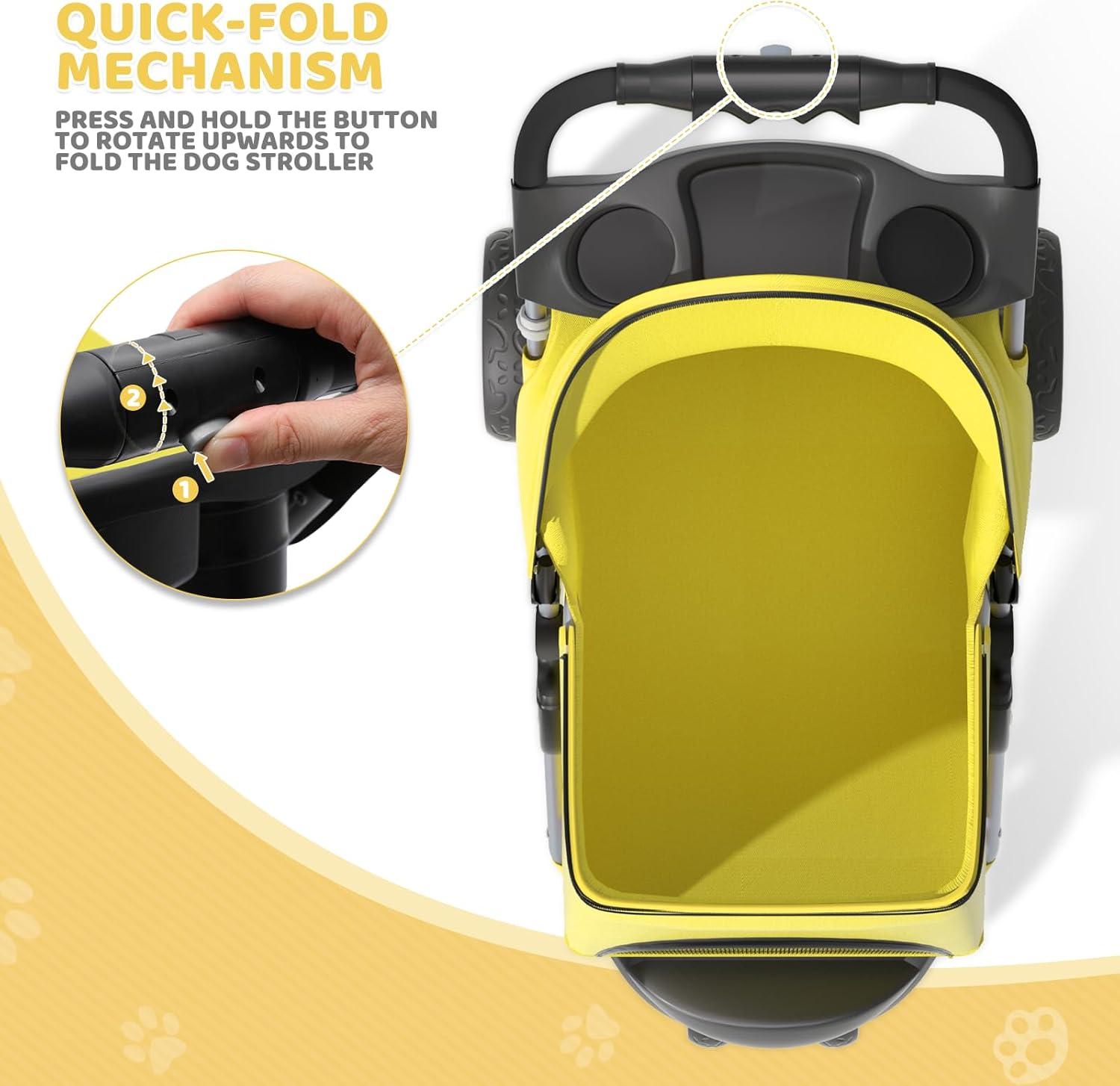 Zengpin 3-Wheel Pet Stroller, Foldable Travel Jogger for Small & Medium Dogs & Cats (Up to 33lbs), Lightweight Carrier with Breathable Mesh Cover, Cup Holder & Storage Basket, Yellow