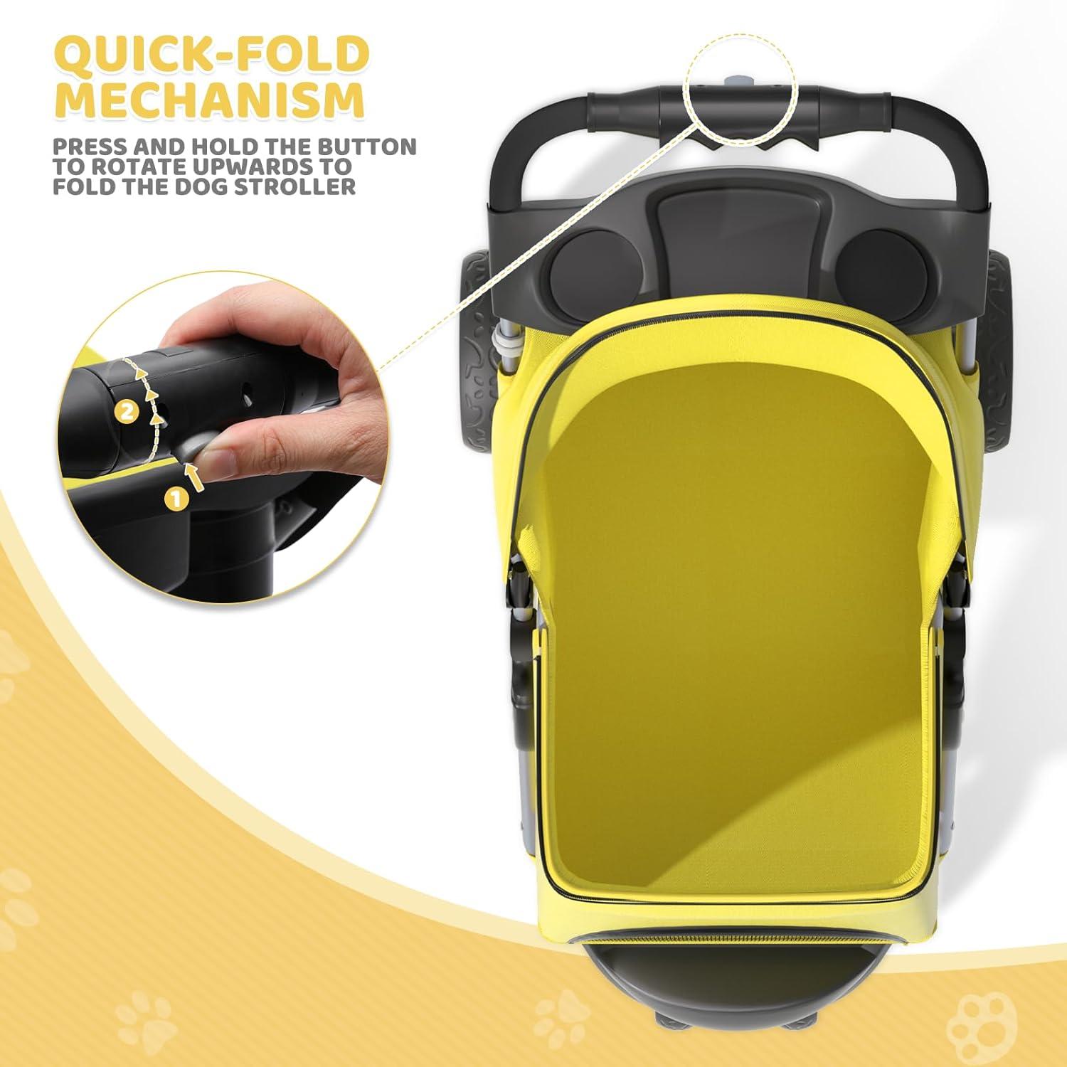 Zengpin 3-Wheel Pet Stroller, Foldable Travel Jogger for Small & Medium Dogs & Cats (Up to 33lbs), Lightweight Carrier with Breathable Mesh Cover, Cup Holder & Storage Basket, Yellow