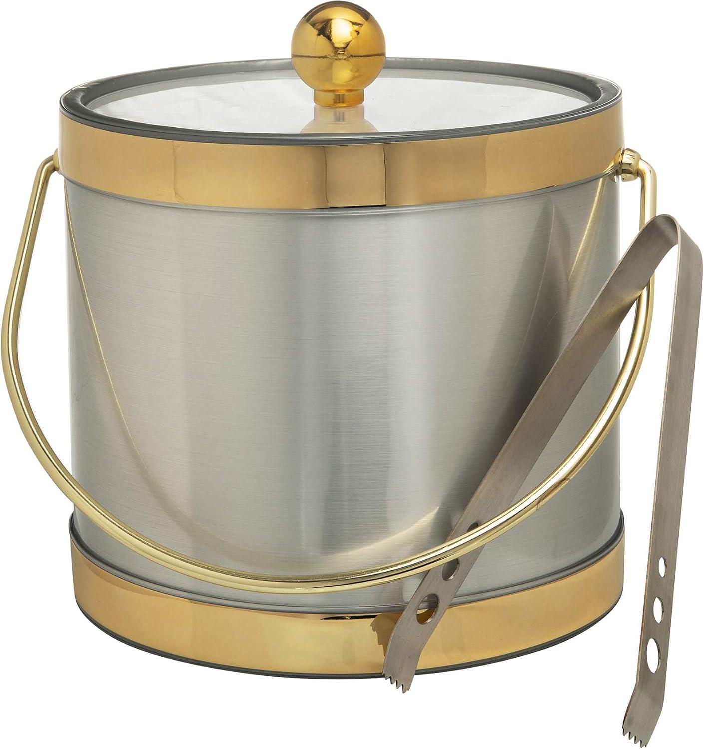 Brushed Silver and Gold 3-Quart Insulated Ice Bucket with Lid and Tongs