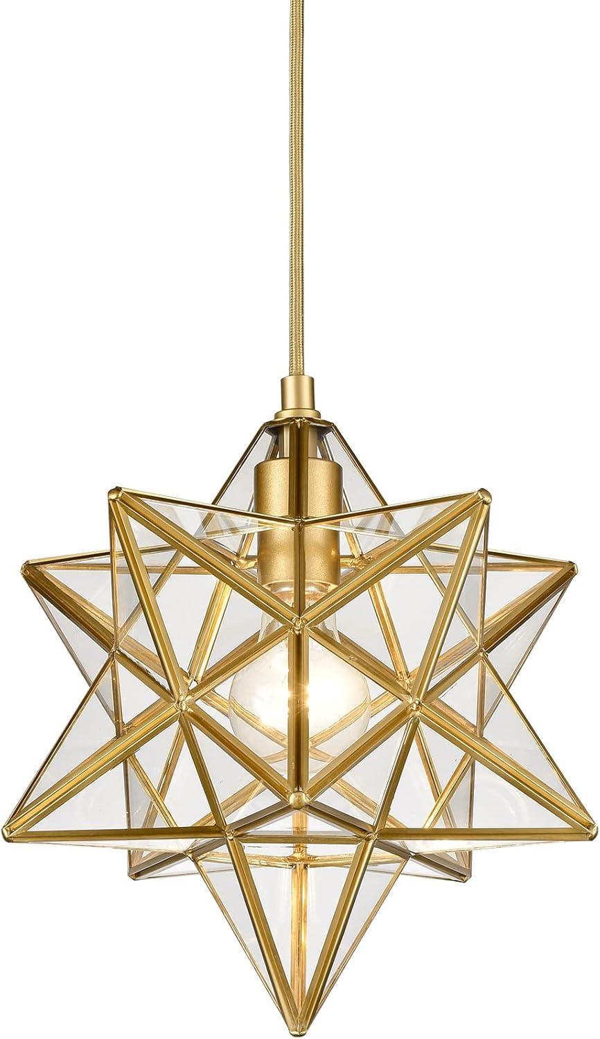 Modern Moravian Star Gold Finish Pendant Clear Glass Hanging Brass Star Light