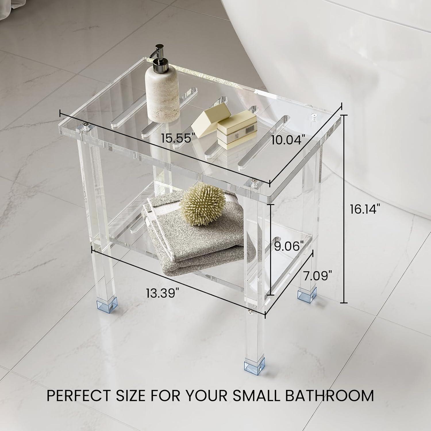 Ivy Bronx Acrylic Shower Bench For Inside Shower, Heavy Duty (Hold Up To 300Lbs) Bathroom Shower Stool With Storage Shelf, Clear